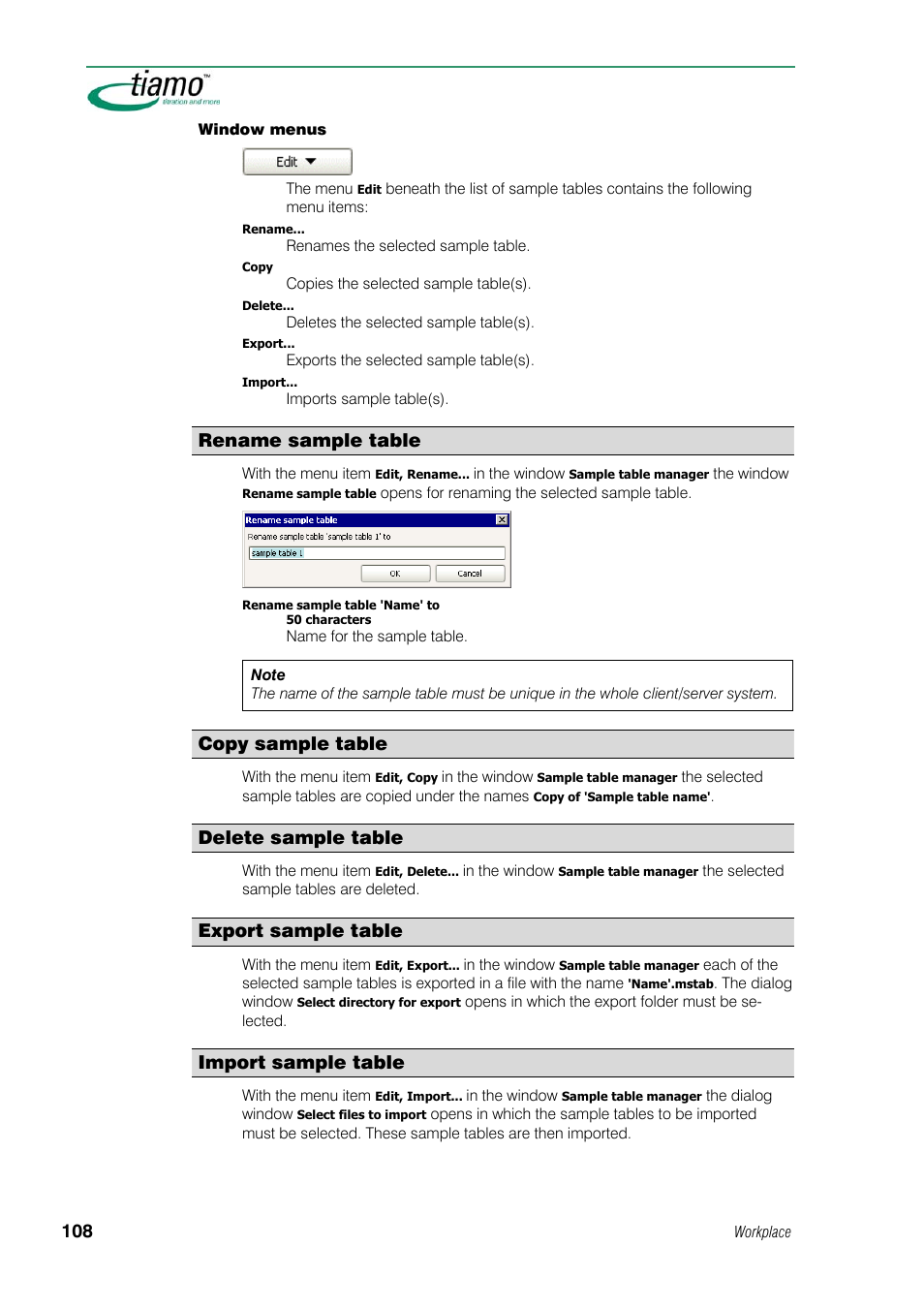 Rename sample table, Copy sample table, Delete sample table | Export sample table, Import sample table | Metrohm tiamo 1.1 Manual User Manual | Page 136 / 838
