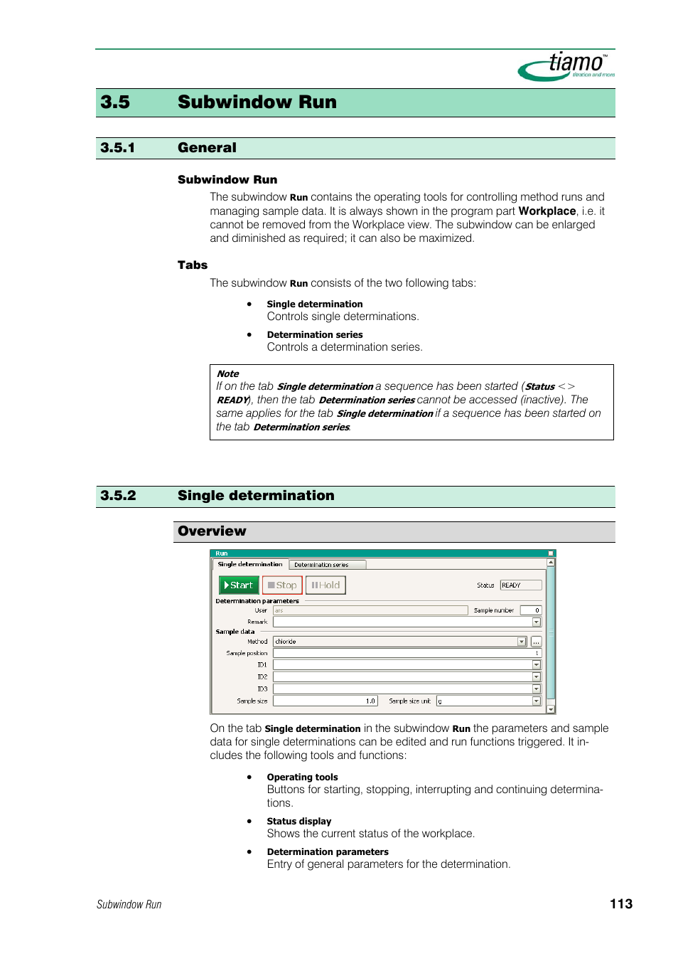 5 subwindow run, 1 general, 2 single determination | Overview | Metrohm tiamo 1.1 Manual User Manual | Page 141 / 838