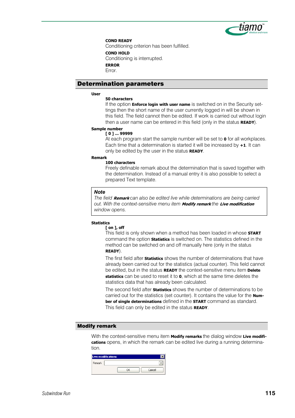 Determination parameters, Modify remark | Metrohm tiamo 1.1 Manual User Manual | Page 143 / 838