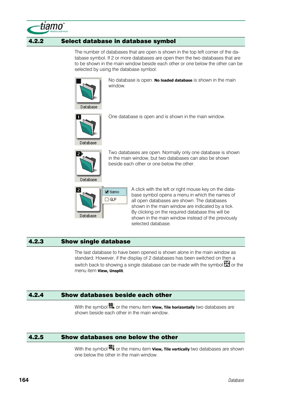 2 select database in database symbol, 3 show single database, 4 show databases beside each other | 5 show databases one below the other | Metrohm tiamo 1.1 Manual User Manual | Page 192 / 838