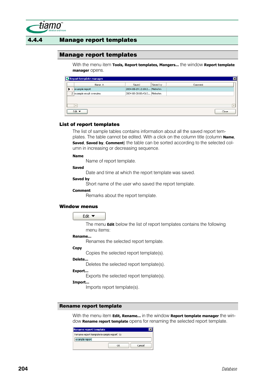 4 manage report templates, Rename report template, 4 manage report templates manage report templates | Metrohm tiamo 1.1 Manual User Manual | Page 232 / 838