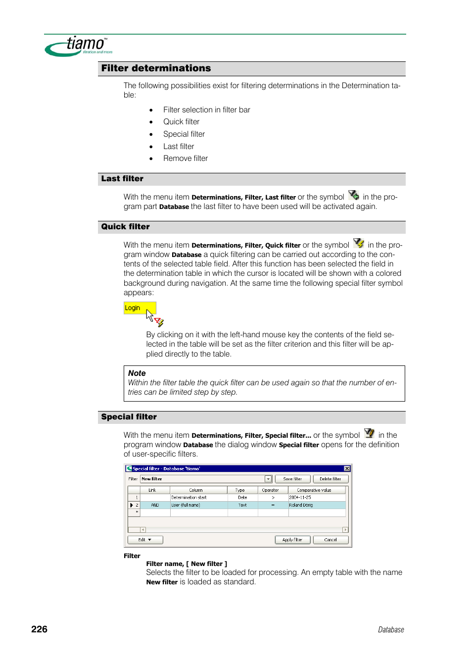 Filter determinations, Last filter, Quick filter | Special filter | Metrohm tiamo 1.1 Manual User Manual | Page 254 / 838