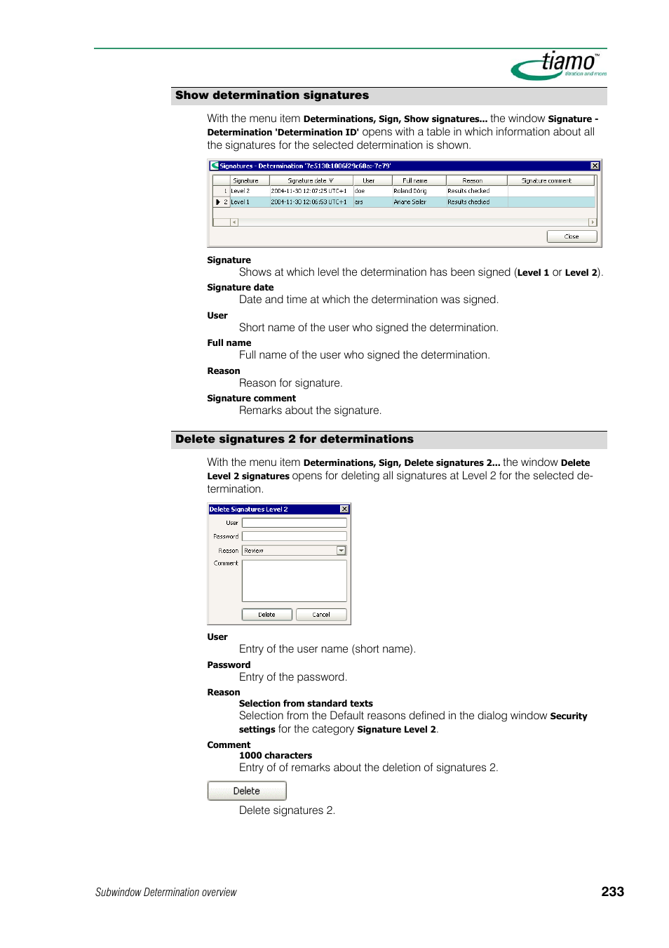 Show determination signatures, Delete signatures 2 for determinations | Metrohm tiamo 1.1 Manual User Manual | Page 261 / 838