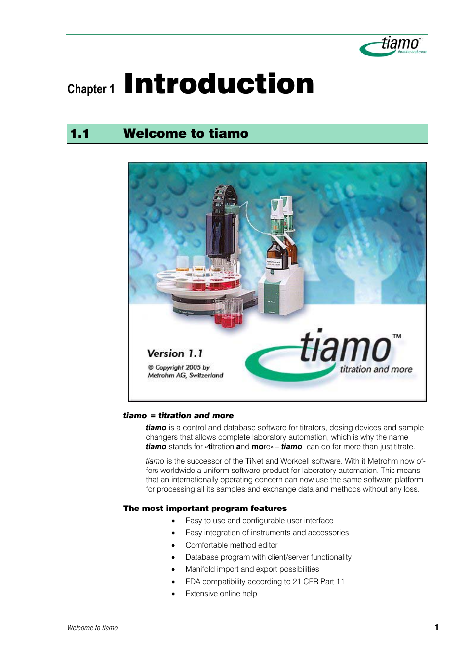 1 introduction, 1 welcome to tiamo, Introduction | Chapter 1 | Metrohm tiamo 1.1 Manual User Manual | Page 29 / 838