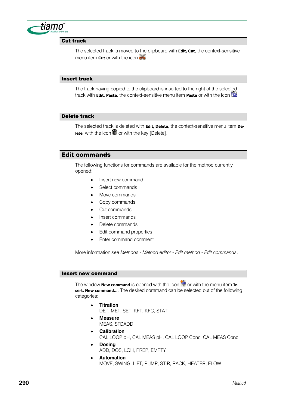 Cut track, Insert track, Delete track | Edit commands, Insert new command | Metrohm tiamo 1.1 Manual User Manual | Page 318 / 838