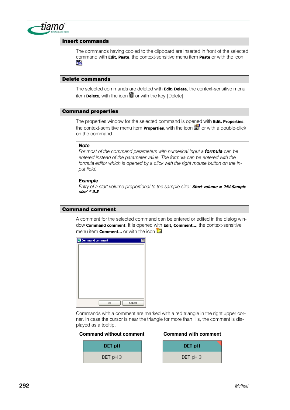 Insert commands, Delete commands, Command properties | Command comment | Metrohm tiamo 1.1 Manual User Manual | Page 320 / 838