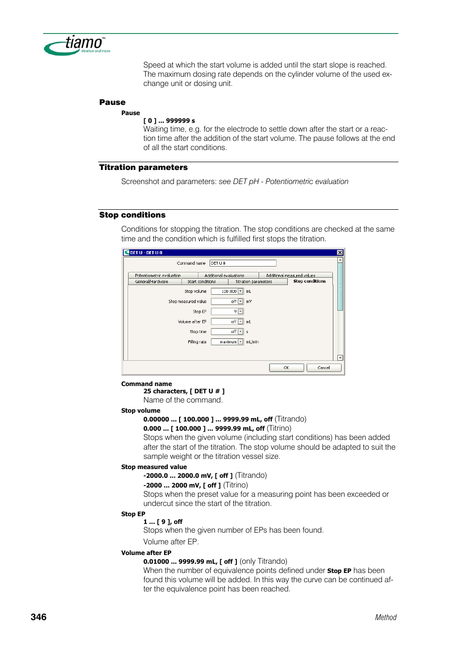 Titration parameters, Stop conditions | Metrohm tiamo 1.1 Manual User Manual | Page 374 / 838
