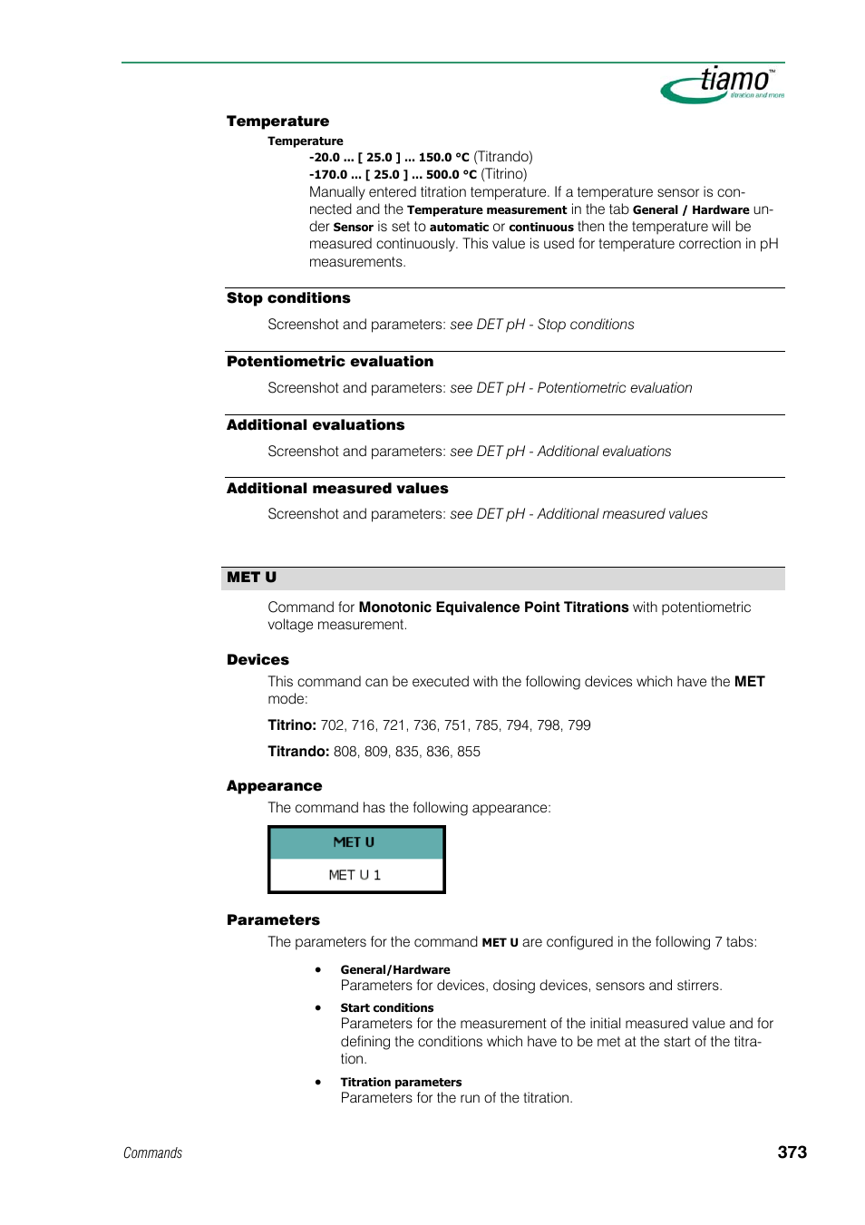 Stop conditions, Potentiometric evaluation, Additional evaluations | Additional measured values, Met u | Metrohm tiamo 1.1 Manual User Manual | Page 401 / 838