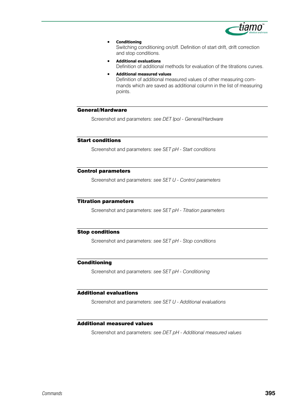 General/hardware, Start conditions, Control parameters | Titration parameters, Stop conditions, Conditioning, Additional evaluations, Additional measured values | Metrohm tiamo 1.1 Manual User Manual | Page 423 / 838