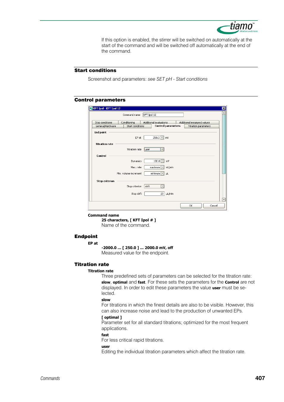 Start conditions, Control parameters | Metrohm tiamo 1.1 Manual User Manual | Page 435 / 838
