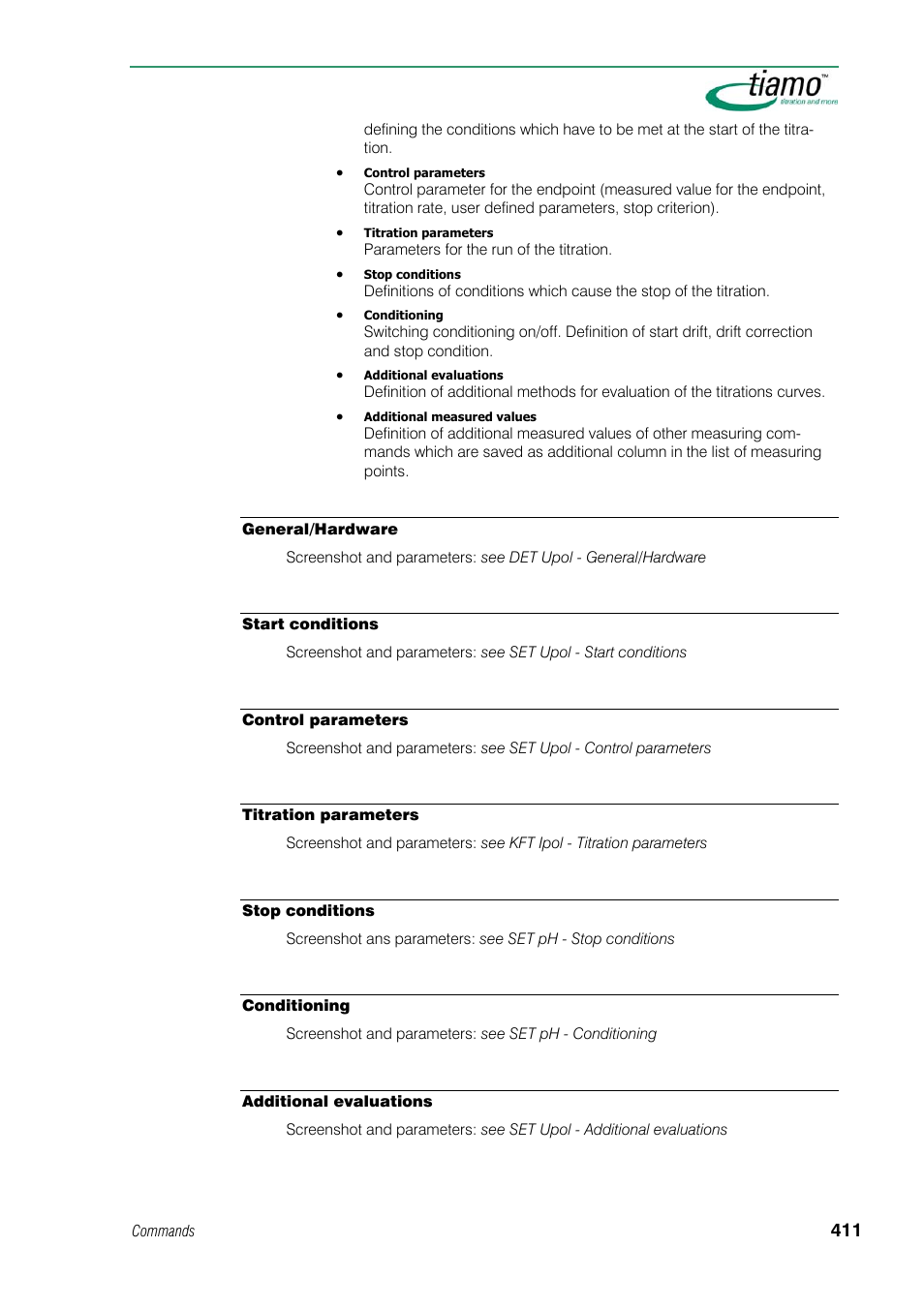 General/hardware, Start conditions, Control parameters | Titration parameters, Stop conditions, Conditioning, Additional evaluations | Metrohm tiamo 1.1 Manual User Manual | Page 439 / 838