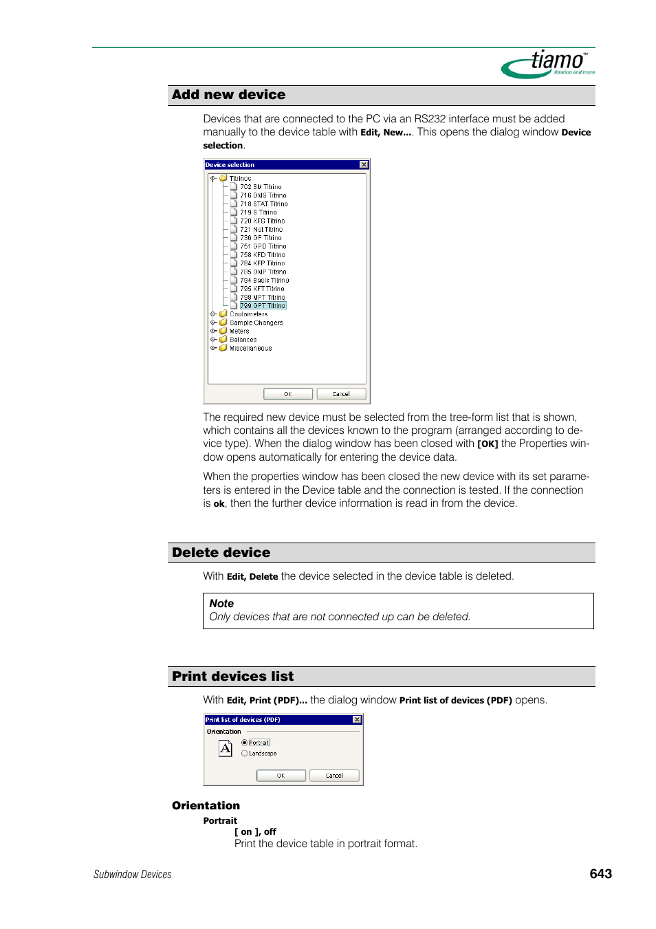 Add new device, Delete device, Print devices list | Metrohm tiamo 1.1 Manual User Manual | Page 671 / 838