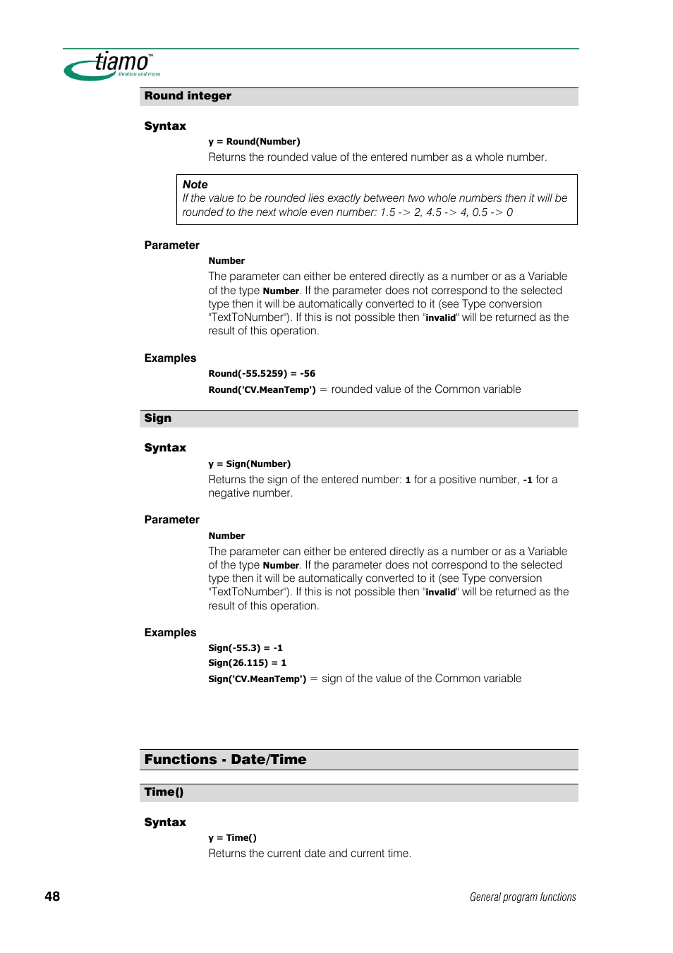 Round integer, Sign, Functions - date/time | Time() | Metrohm tiamo 1.1 Manual User Manual | Page 76 / 838