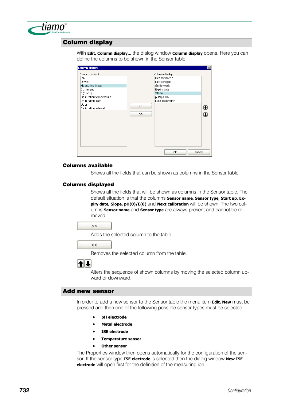 Column display, Add new sensor | Metrohm tiamo 1.1 Manual User Manual | Page 760 / 838