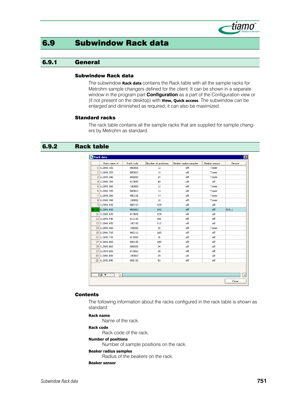 9 subwindow rack data, 1 general, 2 rack table | Metrohm tiamo 1.1 Manual User Manual | Page 779 / 838