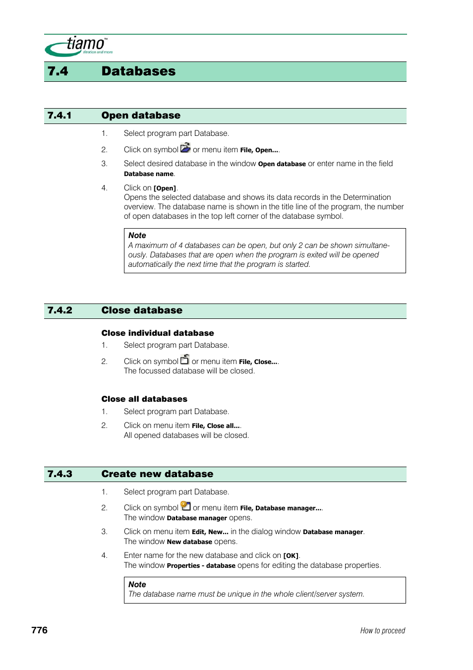 4 databases, 1 open database, 2 close database | 3 create new database | Metrohm tiamo 1.1 Manual User Manual | Page 804 / 838