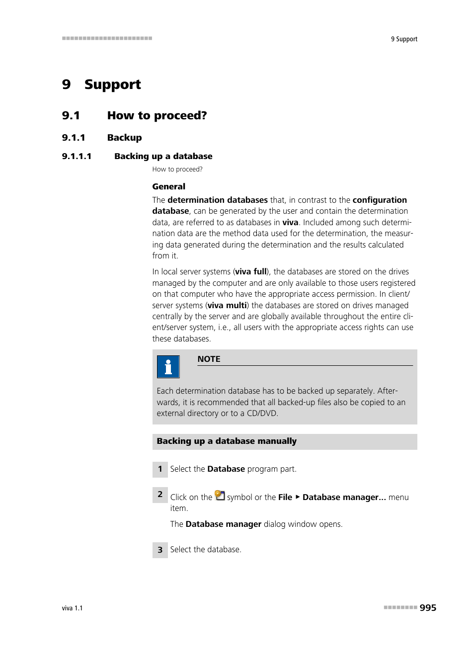 9 support, 1 how to proceed, 1 backup | 1 backing up a database, How to proceed, Backup | Metrohm viva 1.1 User Manual | Page 1007 / 1085