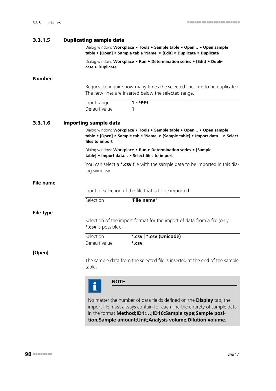 5 duplicating sample data, 6 importing sample data | Metrohm viva 1.1 User Manual | Page 110 / 1085