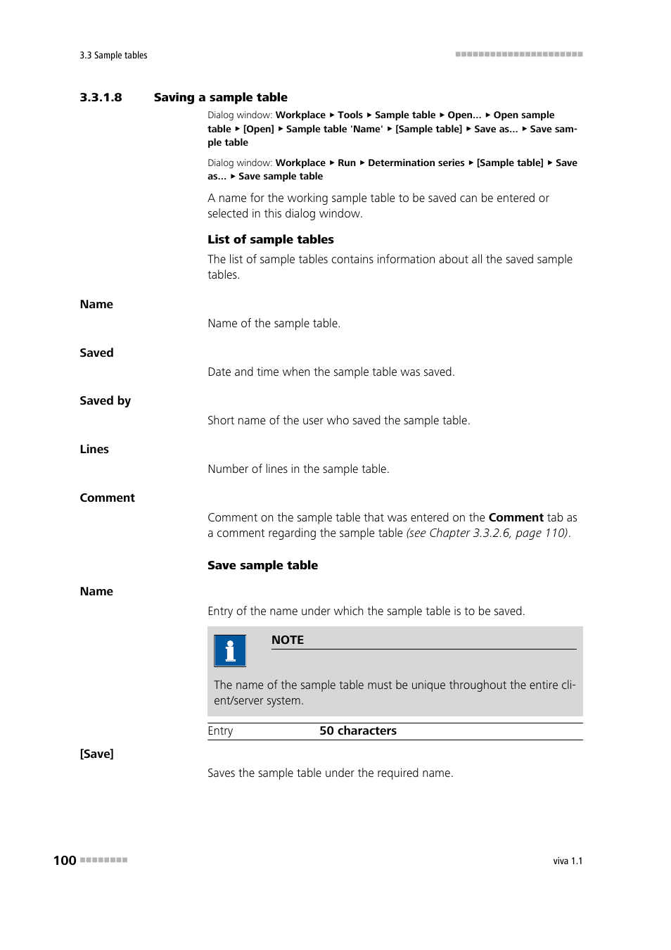 8 saving a sample table, Saving a sample table | Metrohm viva 1.1 User Manual | Page 112 / 1085