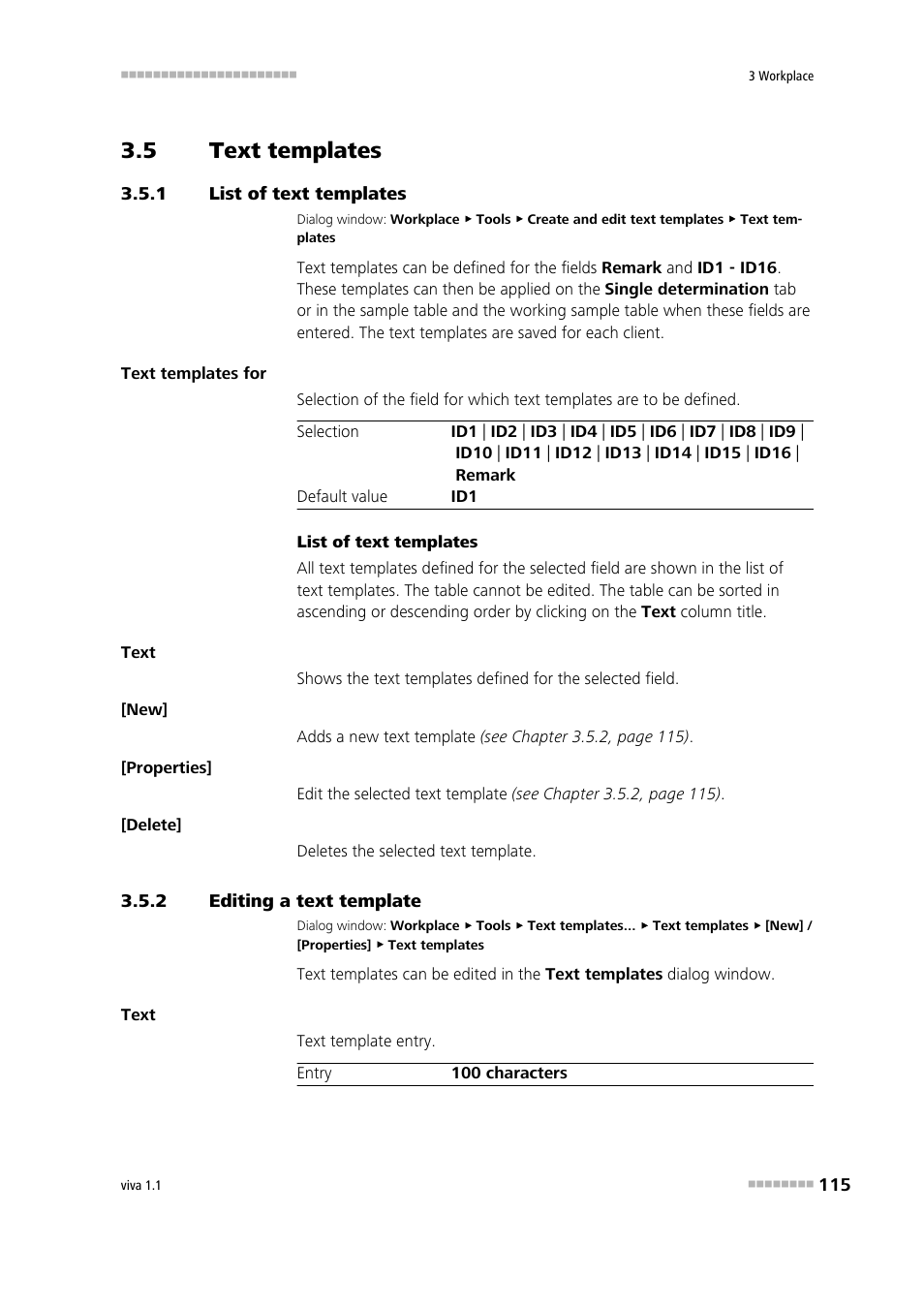 5 text templates, 1 list of text templates, 2 editing a text template | Text templates, List of text templates, Editing a text template, Defining text templates | Metrohm viva 1.1 User Manual | Page 127 / 1085