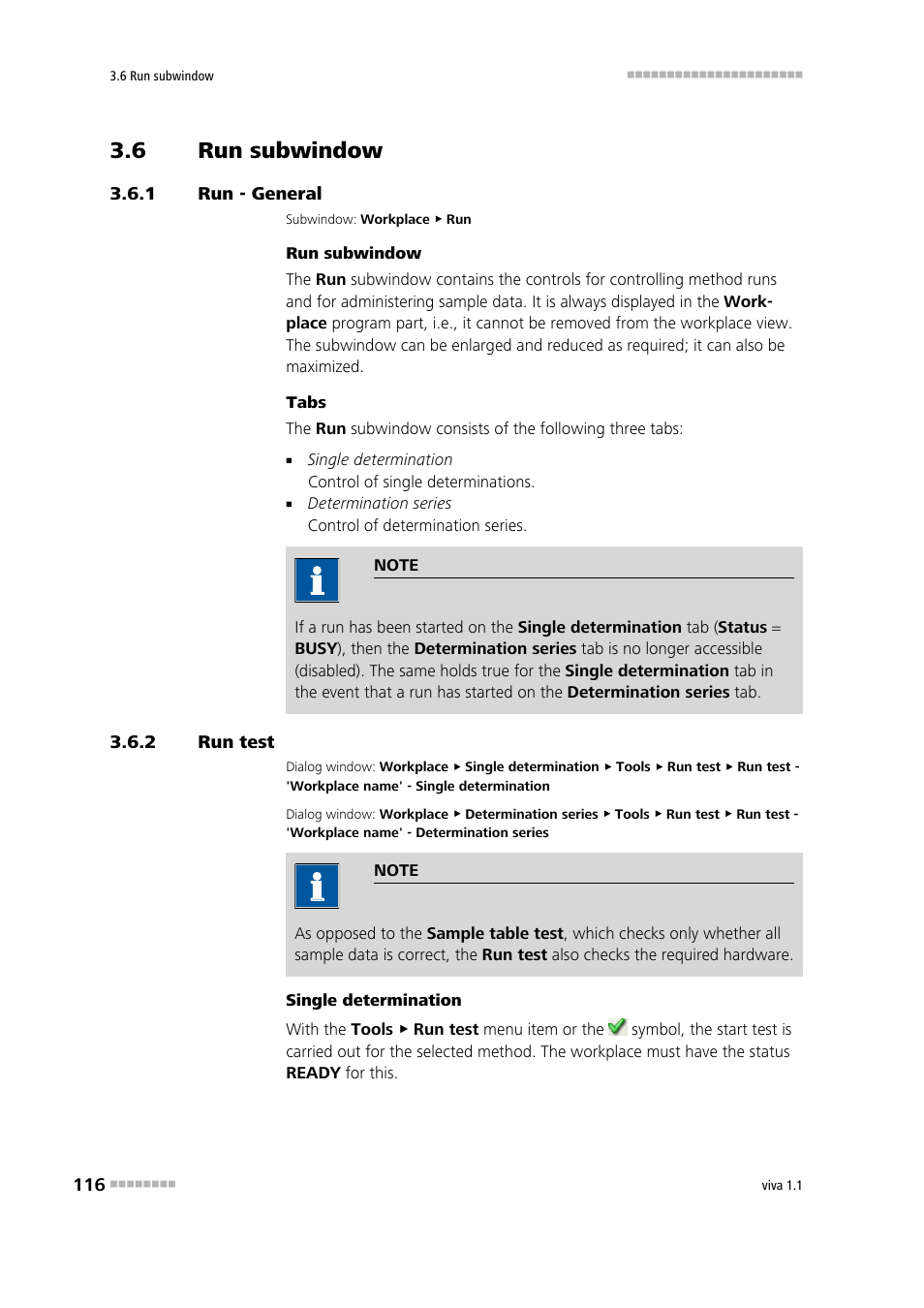 6 run subwindow, 1 run - general, 2 run test | Run subwindow, Run - general, Run test, Performing a run test | Metrohm viva 1.1 User Manual | Page 128 / 1085