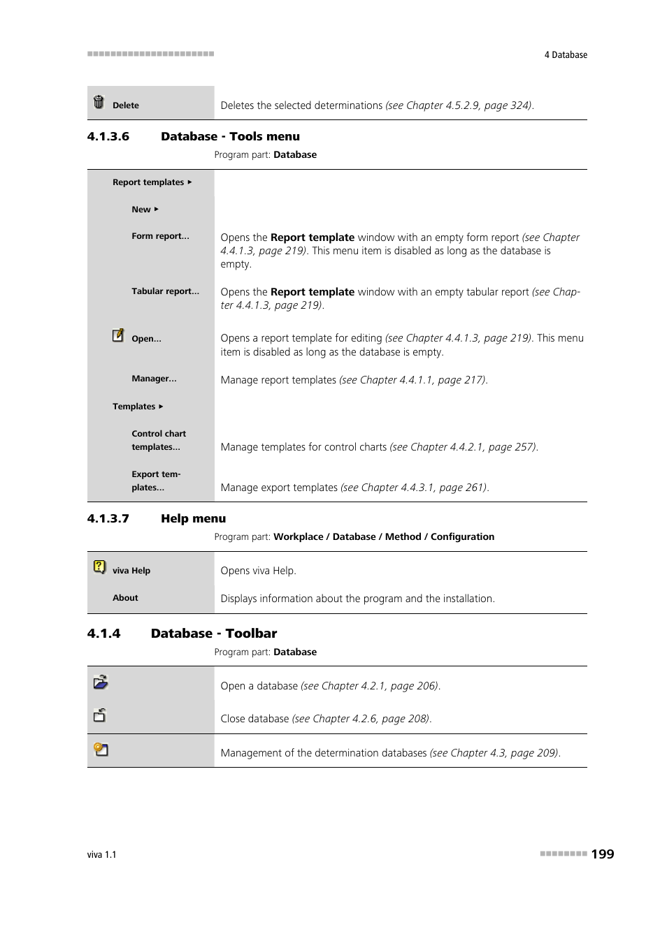 6 database - tools menu, 7 help menu, 4 database - toolbar | Database - toolbar, Tools | Metrohm viva 1.1 User Manual | Page 211 / 1085