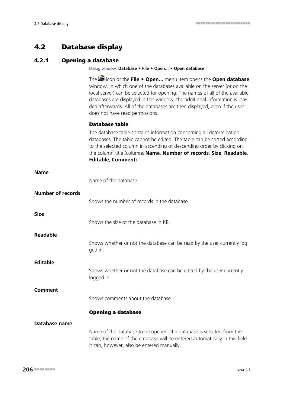 2 database display, 1 opening a database, Database display | Opening a database | Metrohm viva 1.1 User Manual | Page 218 / 1085