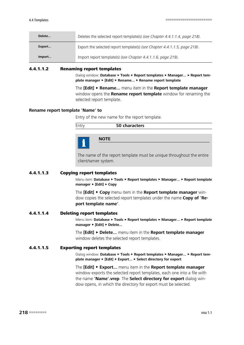 2 renaming report templates, 3 copying report templates, 4 deleting report templates | 5 exporting report templates | Metrohm viva 1.1 User Manual | Page 230 / 1085