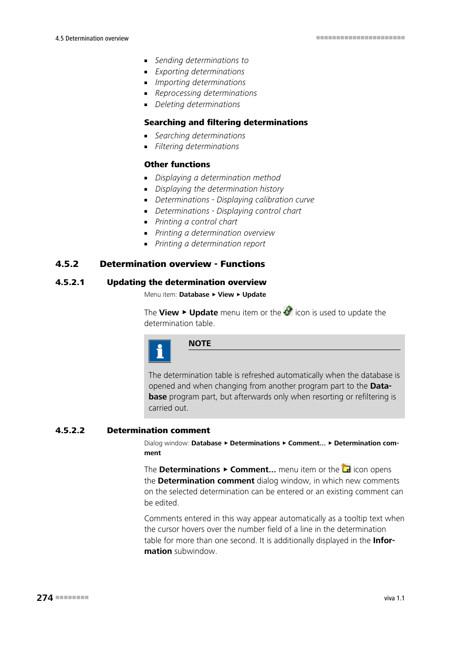 2 determination overview - functions, 1 updating the determination overview, 2 determination comment | Determination overview - functions | Metrohm viva 1.1 User Manual | Page 286 / 1085