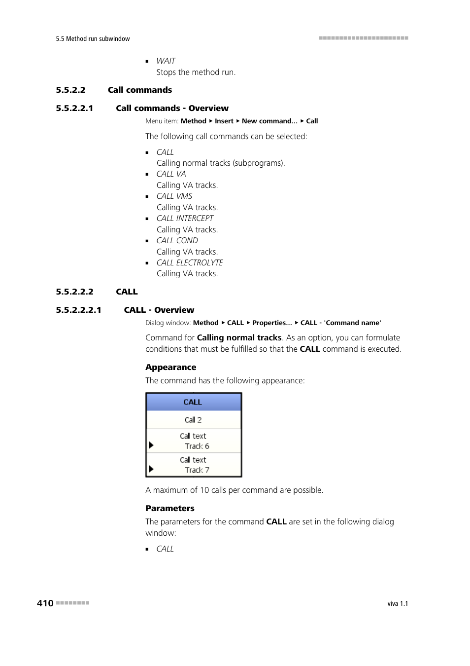 2 call commands, 1 call commands - overview, 2 call | 1 call - overview, Call | Metrohm viva 1.1 User Manual | Page 422 / 1085