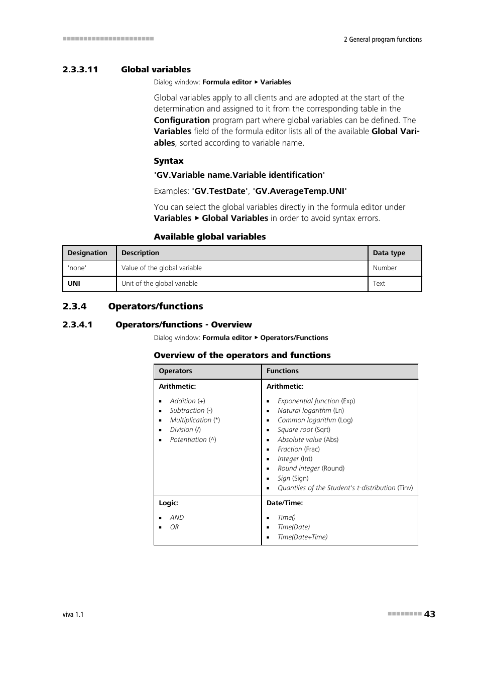 11 global variables, 4 operators/functions, 1 operators/functions - overview | Operators/functions, Global variables | Metrohm viva 1.1 User Manual | Page 55 / 1085