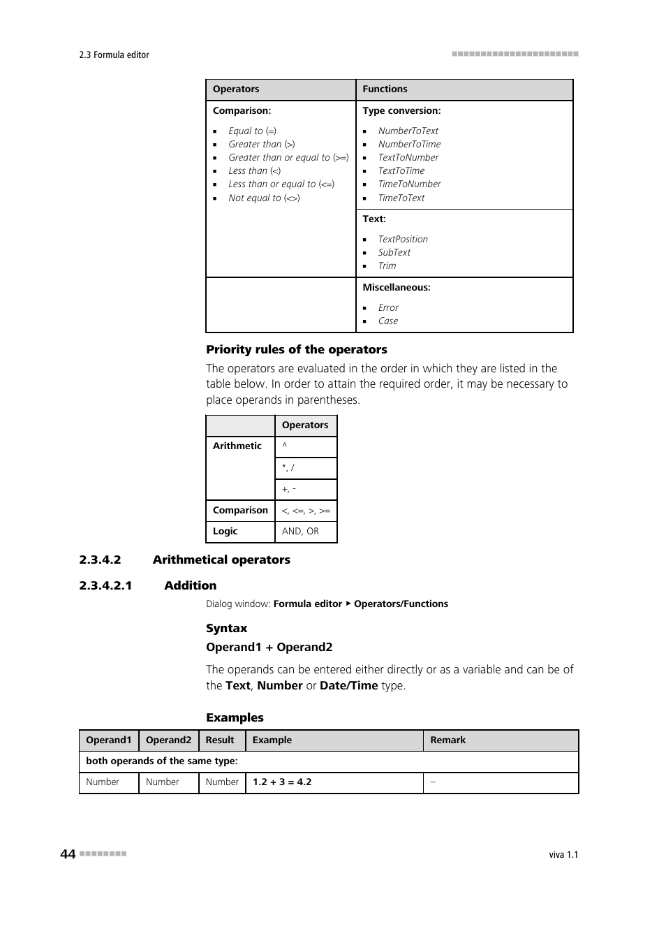 2 arithmetical operators, 1 addition, Addition | Subtraction (-), Multiplication, Division (/), Potentiation | Metrohm viva 1.1 User Manual | Page 56 / 1085