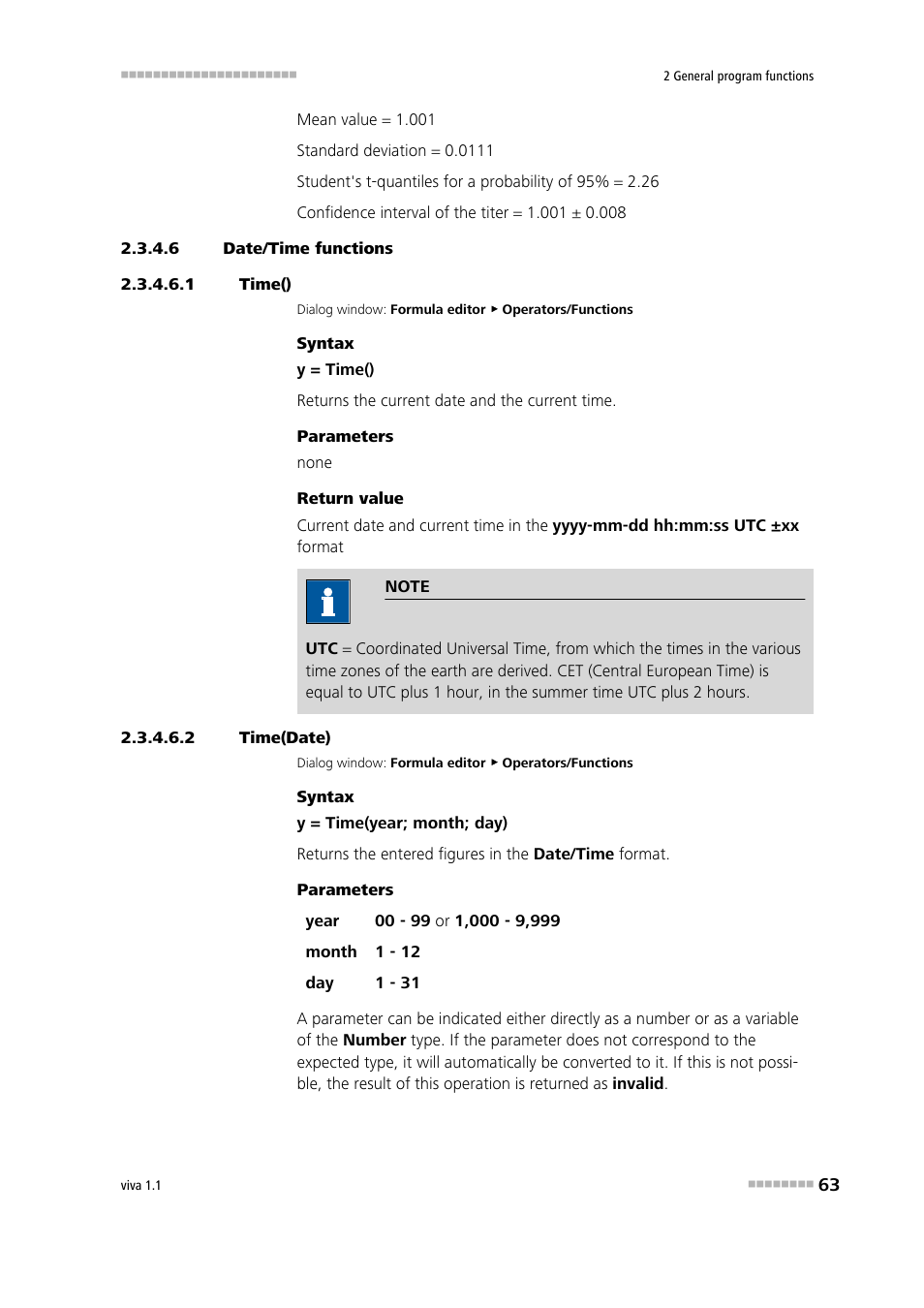 6 date/time functions, 1 time(), 2 time(date) | Time(), Time(date) | Metrohm viva 1.1 User Manual | Page 75 / 1085