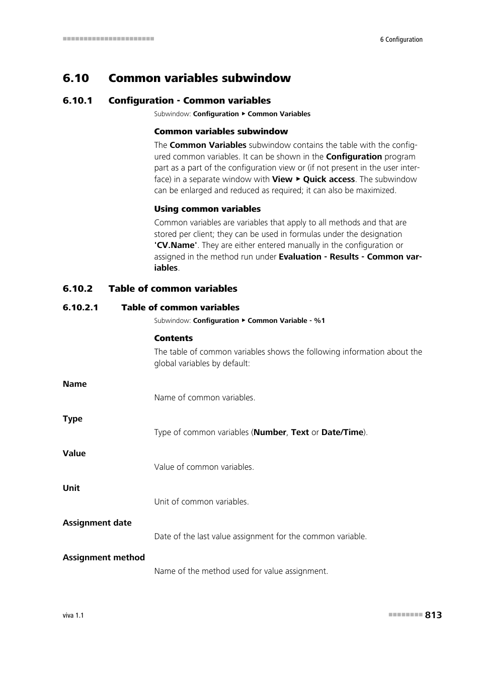 10 common variables subwindow, 1 configuration - common variables, 2 table of common variables | 1 table of common variables, 10 common variables subwindow 6.10.1, Configuration - common variables, Table of common variables, Common variables | Metrohm viva 1.1 User Manual | Page 825 / 1085