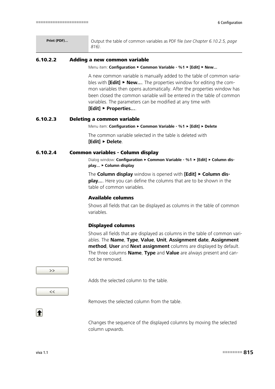 2 adding a new common variable, 3 deleting a common variable, 4 common variables - column display | Metrohm viva 1.1 User Manual | Page 827 / 1085