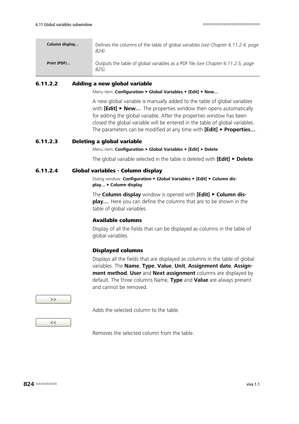 2 adding a new global variable, 3 deleting a global variable, 4 global variables - column display | Metrohm viva 1.1 User Manual | Page 836 / 1085