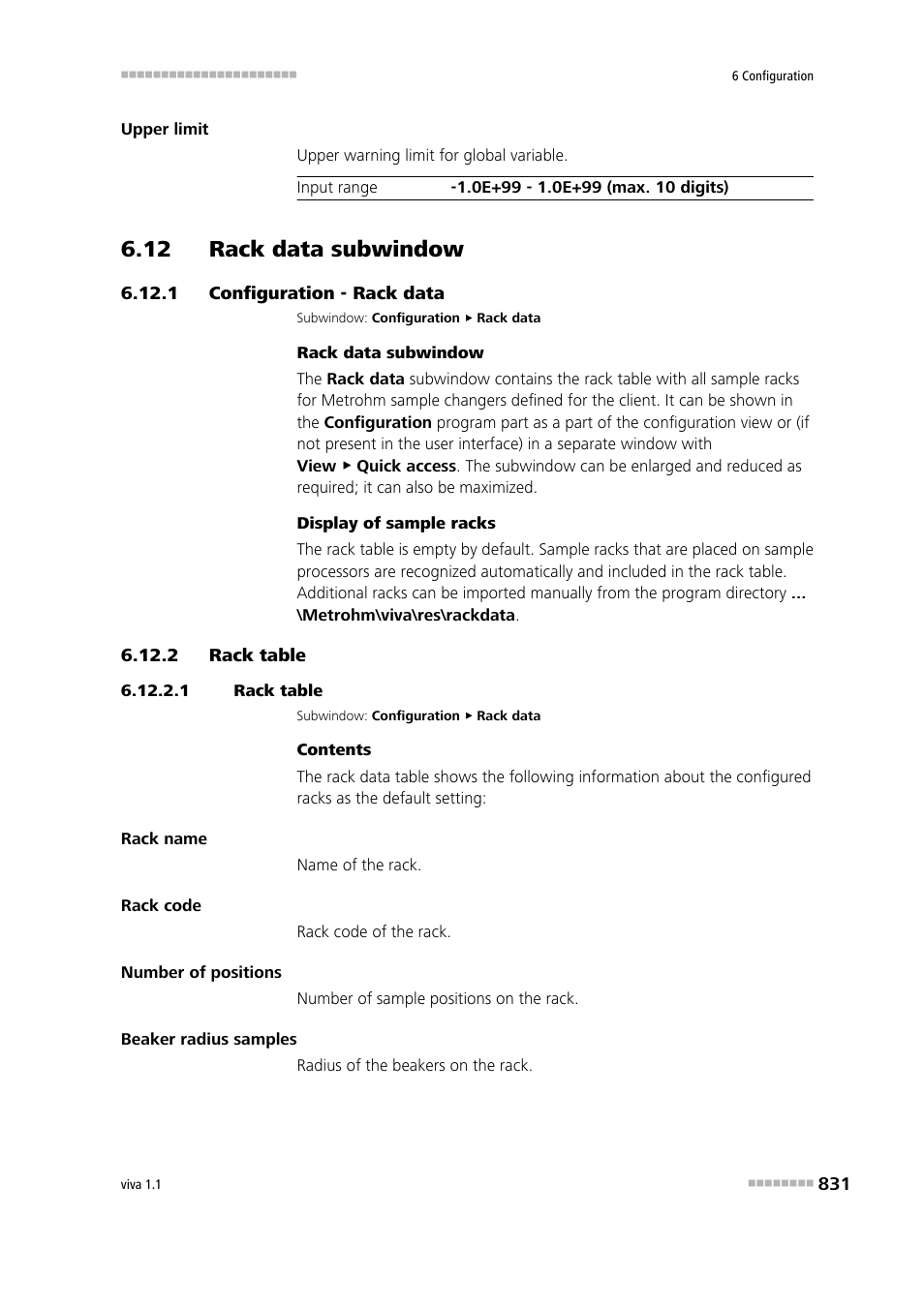 12 rack data subwindow, 1 configuration - rack data, 2 rack table | 1 rack table, 12 rack data subwindow 6.12.1, Configuration - rack data, Rack table, Rack data | Metrohm viva 1.1 User Manual | Page 843 / 1085