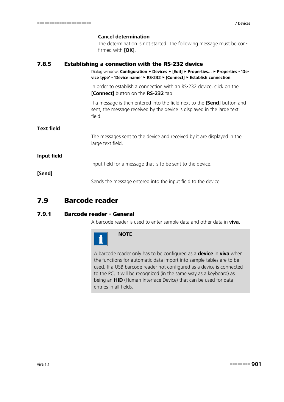 5 establishing a connection with the rs-232 device, 9 barcode reader, 1 barcode reader - general | Establishing a connection with the rs-232 device, Barcode reader, Barcode reader - general | Metrohm viva 1.1 User Manual | Page 913 / 1085