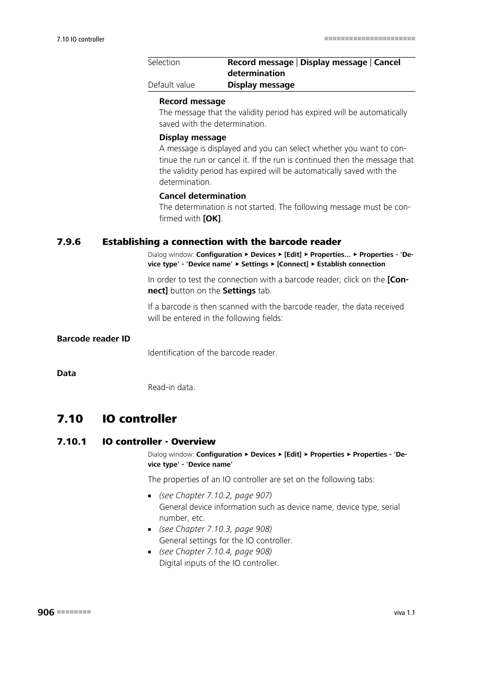 10 io controller, 1 io controller - overview, Establishing a connection with the barcode reader | 10 io controller 7.10.1, Io controller - overview, Io controller | Metrohm viva 1.1 User Manual | Page 918 / 1085