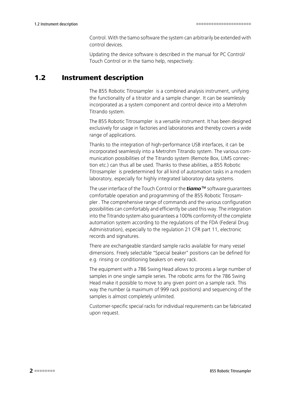 2 instrument description, Instrument description | Metrohm 855 Robotic Titrosampler User Manual | Page 10 / 85