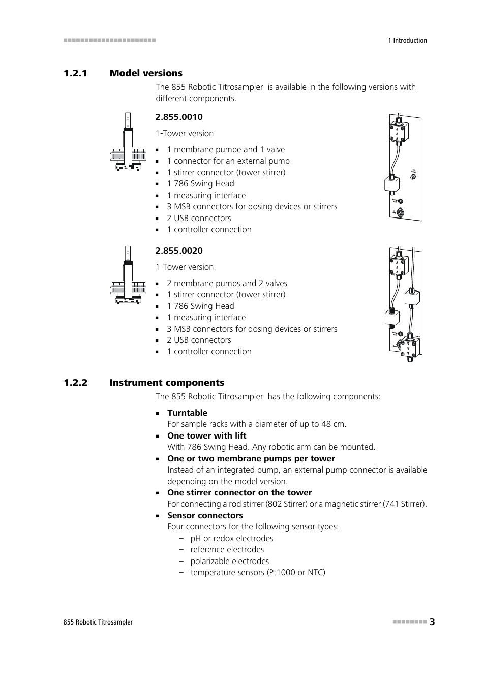 1 model versions, 2 instrument components, Model versions | Instrument components | Metrohm 855 Robotic Titrosampler User Manual | Page 11 / 85