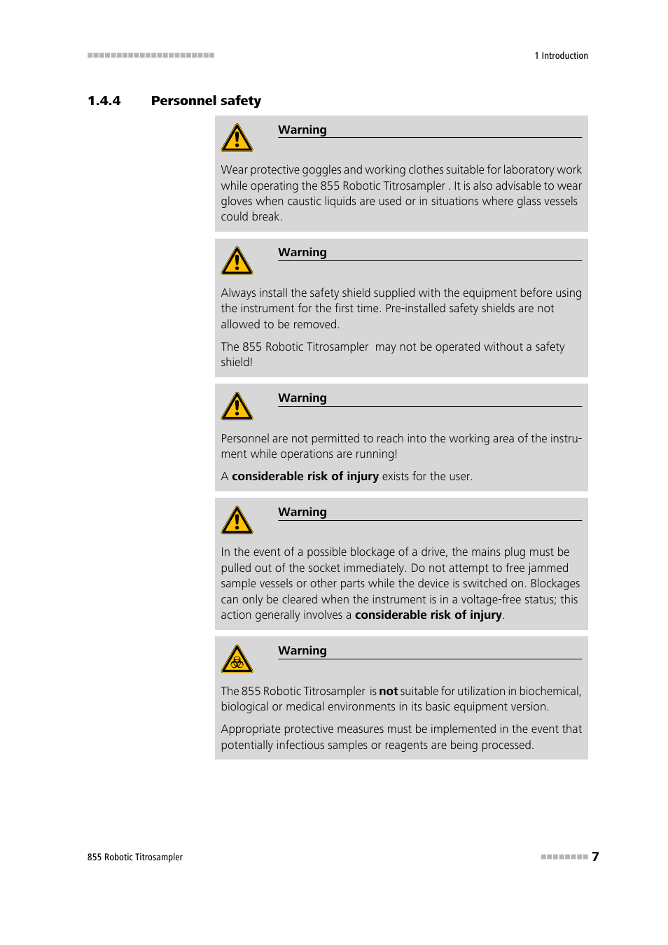 4 personnel safety, Personnel safety | Metrohm 855 Robotic Titrosampler User Manual | Page 15 / 85