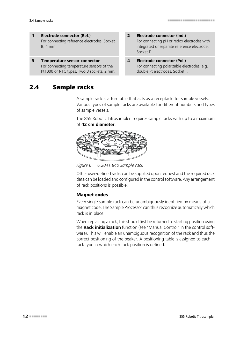 4 sample racks, Sample racks, Figure 6 | 2041.840 sample rack | Metrohm 855 Robotic Titrosampler User Manual | Page 20 / 85