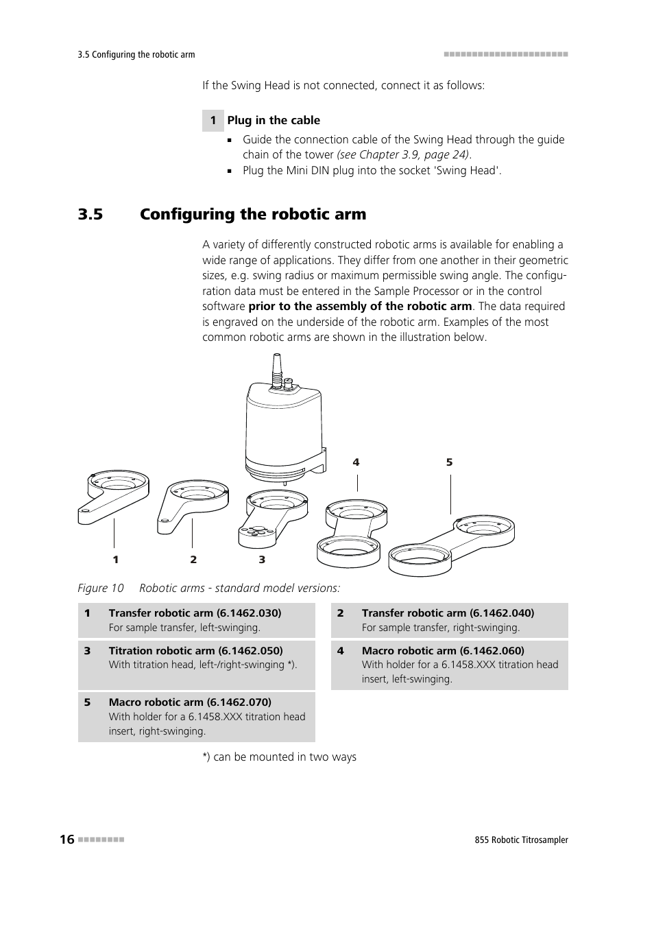 5 configuring the robotic arm, Configuring the robotic arm, Figure 10 | Robotic arms - standard model versions | Metrohm 855 Robotic Titrosampler User Manual | Page 24 / 85
