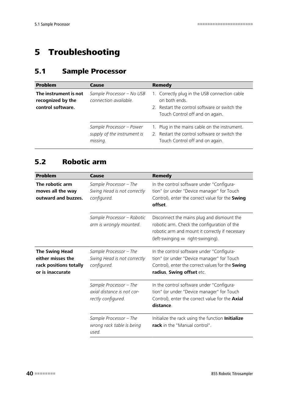 5 troubleshooting, 1 sample processor, 2 robotic arm | Sample processor, Robotic arm | Metrohm 855 Robotic Titrosampler User Manual | Page 48 / 85