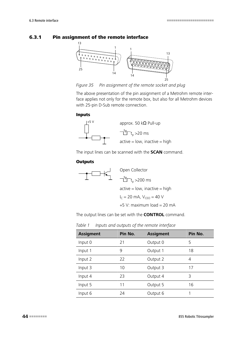 1 pin assignment of the remote interface, Pin assignment of the remote interface, Figure 35 | Pin assignment of the remote socket and plug | Metrohm 855 Robotic Titrosampler User Manual | Page 52 / 85