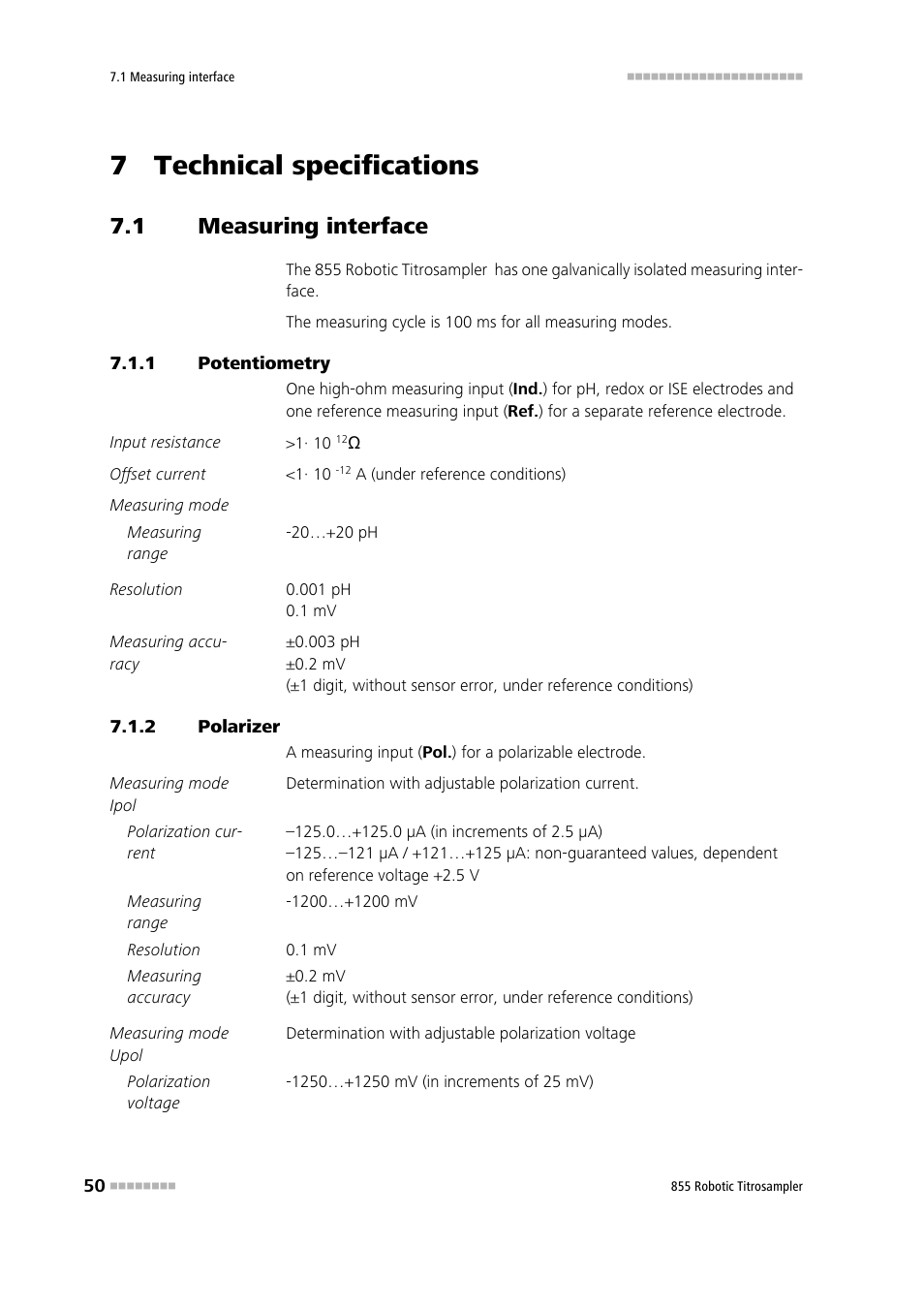 7 technical specifications, 1 measuring interface, 1 potentiometry | 2 polarizer, Measuring interface, Potentiometry, Polarizer | Metrohm 855 Robotic Titrosampler User Manual | Page 58 / 85