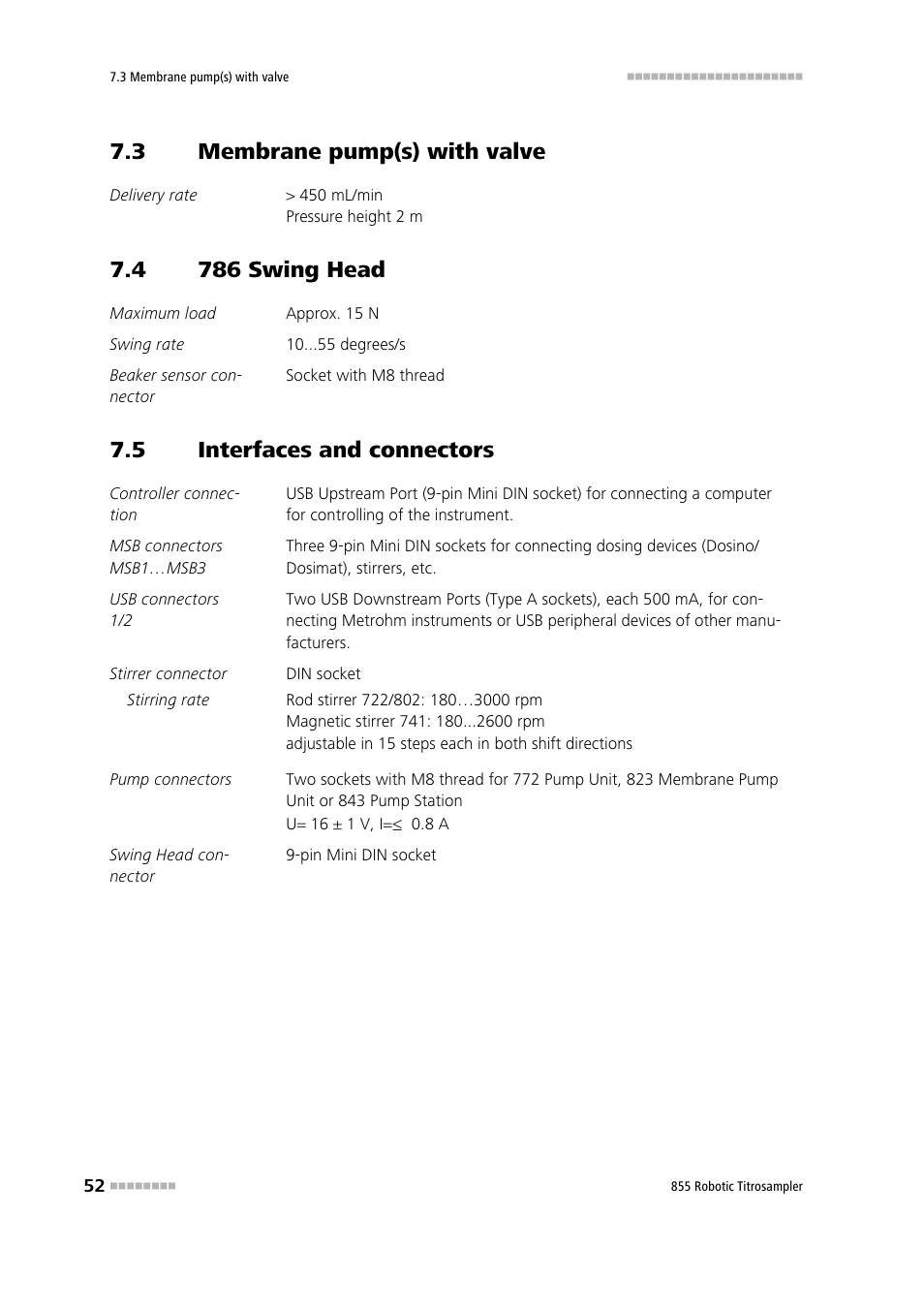 3 membrane pump(s) with valve, 4 786 swing head, 5 interfaces and connectors | Membrane pump(s) with valve, 786 swing head, Interfaces and connectors | Metrohm 855 Robotic Titrosampler User Manual | Page 60 / 85