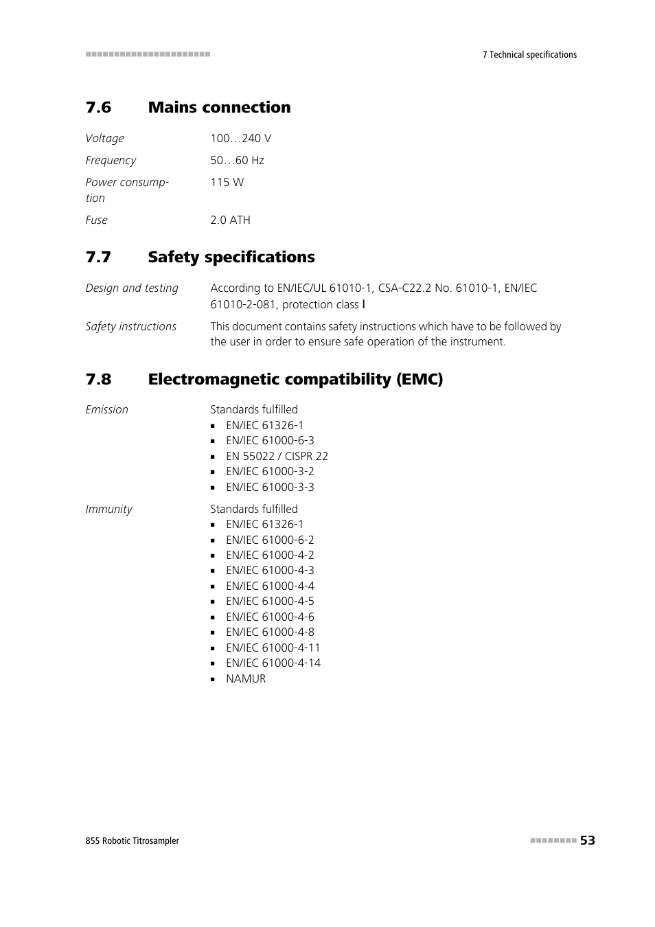 6 mains connection, 7 safety specifications, 8 electromagnetic compatibility (emc) | Mains connection, Safety specifications, Electromagnetic compatibility (emc) | Metrohm 855 Robotic Titrosampler User Manual | Page 61 / 85