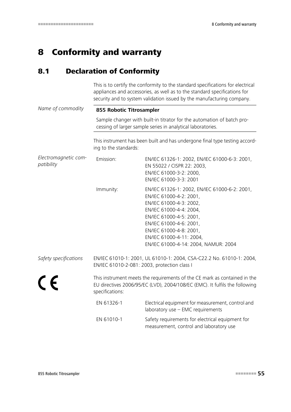 8 conformity and warranty, 1 declaration of conformity, Declaration of conformity | Metrohm 855 Robotic Titrosampler User Manual | Page 63 / 85